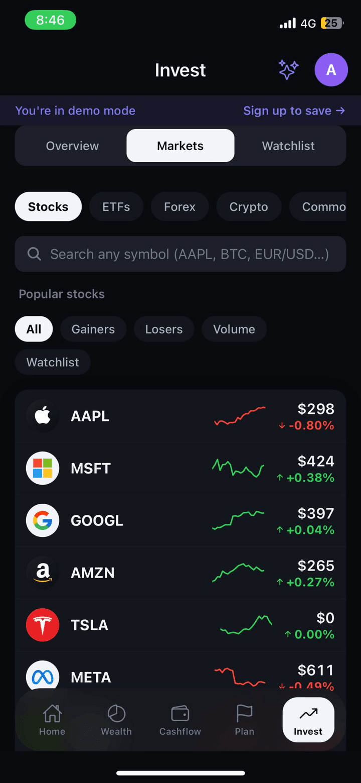 Mercati, watchlist e ricerca con un tocco